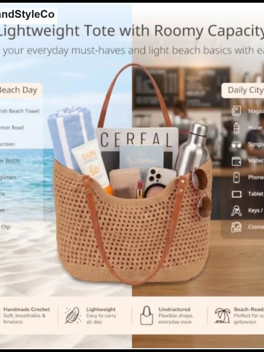 Crochet Beach Tote Bag Woven Straw Style Cotton Blend Faux Leather